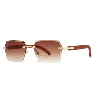 Square Men Sunglasses Rimless Brown Lens Wood Grain Legs Fashion‎ Hip Hop Retro